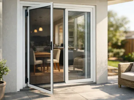 Open French doors with a hinged fly screen door leading to a garden pool