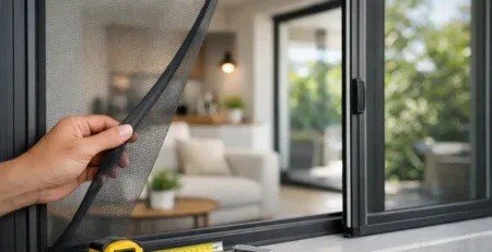 Hands fitting a made-to-measure fly screen to a dark window frame