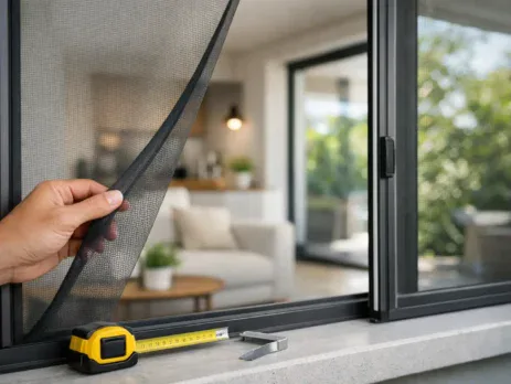 Hands fitting a made-to-measure fly screen to a dark window frame