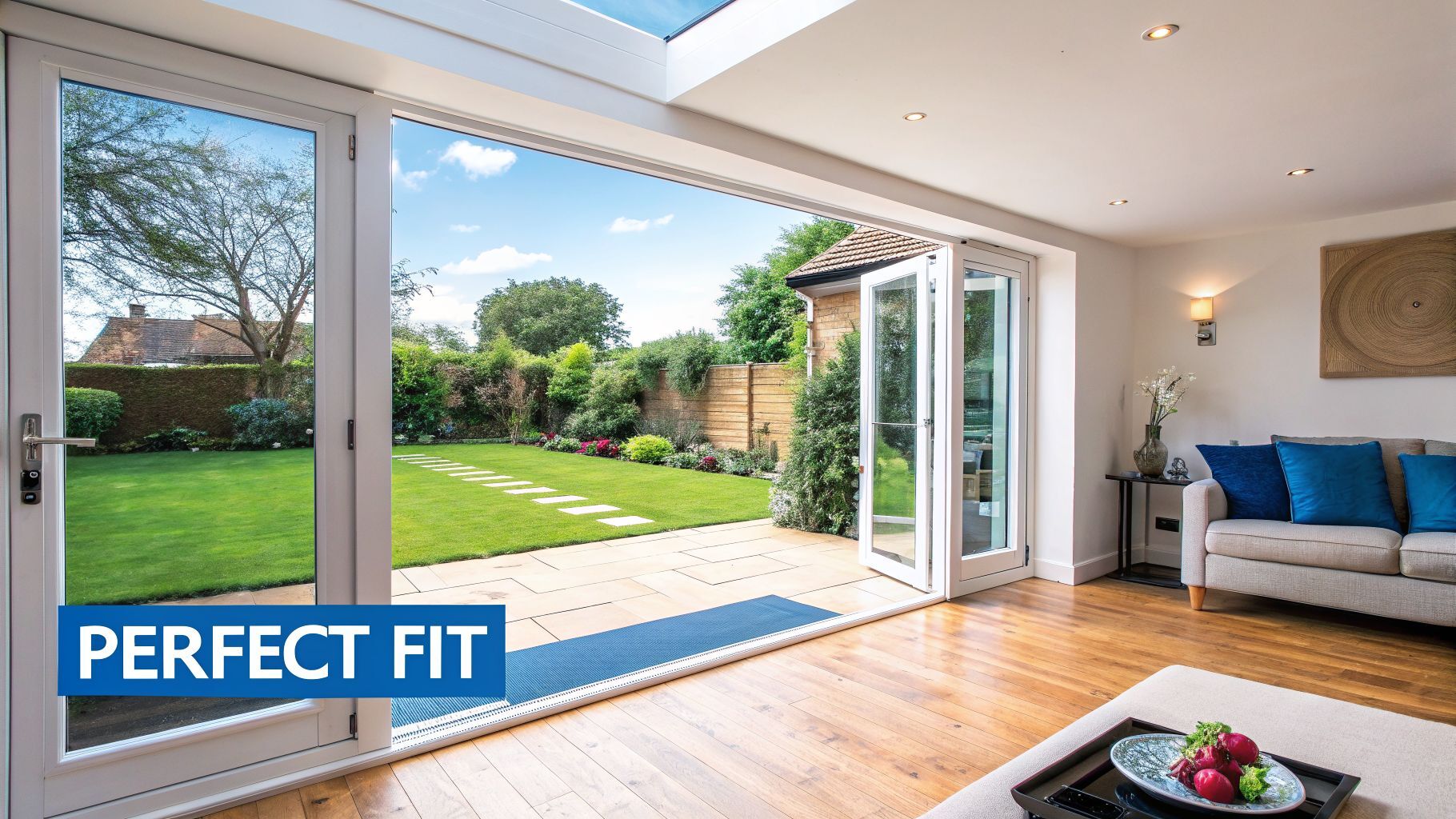 Modern living room featuring large open bi-fold patio doors leading to a beautiful green garden.
