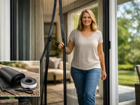 Woman walking through a magnetic fly screen door onto a patio