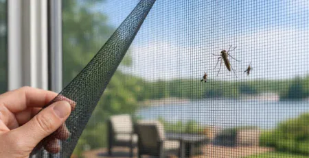 Hand holding fine midge mesh up to a window with midges outside