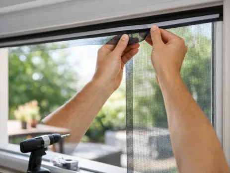 Hands clipping a no-drill fly screen into a window frame