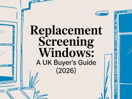 Illustrated title card: Replacement Screening Windows - A UK Buyer's Guide (2026)