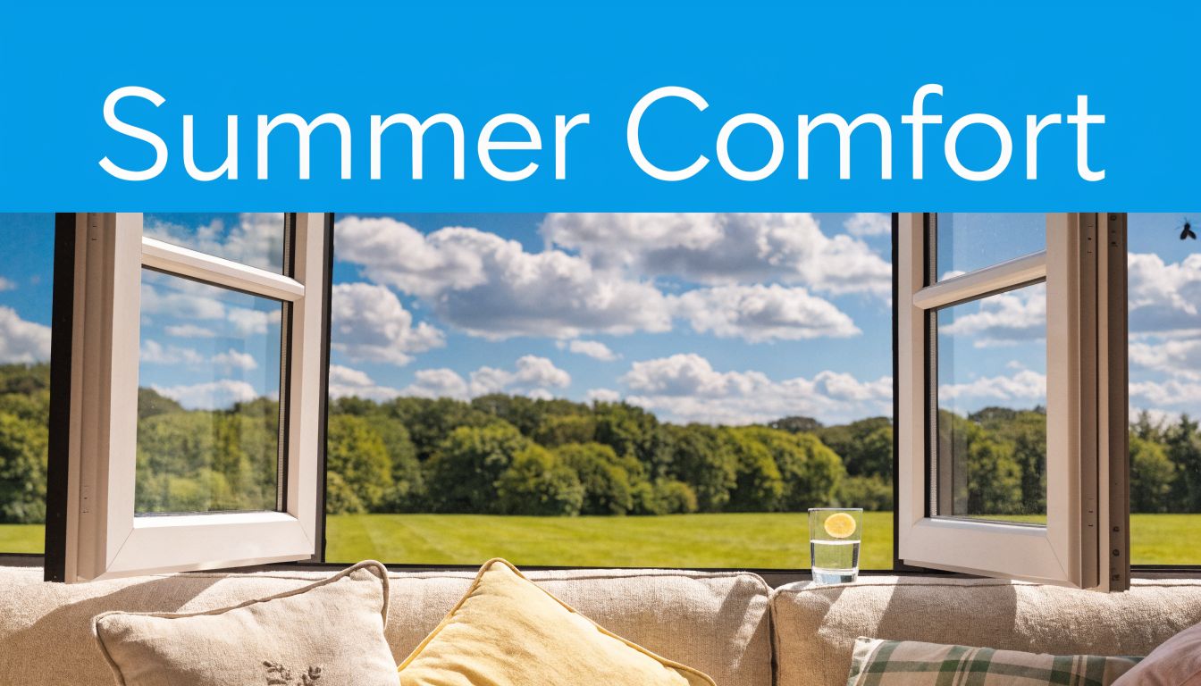 An open window showing a beautiful summer day with a green field, blue sky, and lemon water.