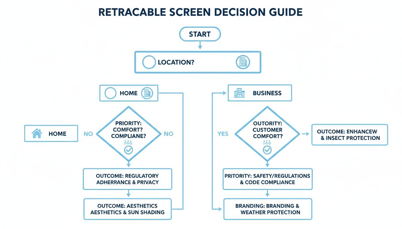 Flowchart guiding selection of retractable screens for home or business, considering comfort, privacy, and compliance.