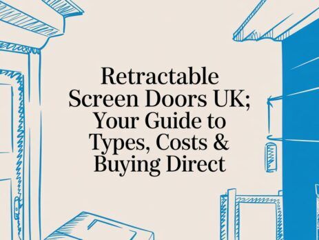 Illustrated title card: Retractable Screen Doors UK - Your Guide to Types, Costs and Buying Direct