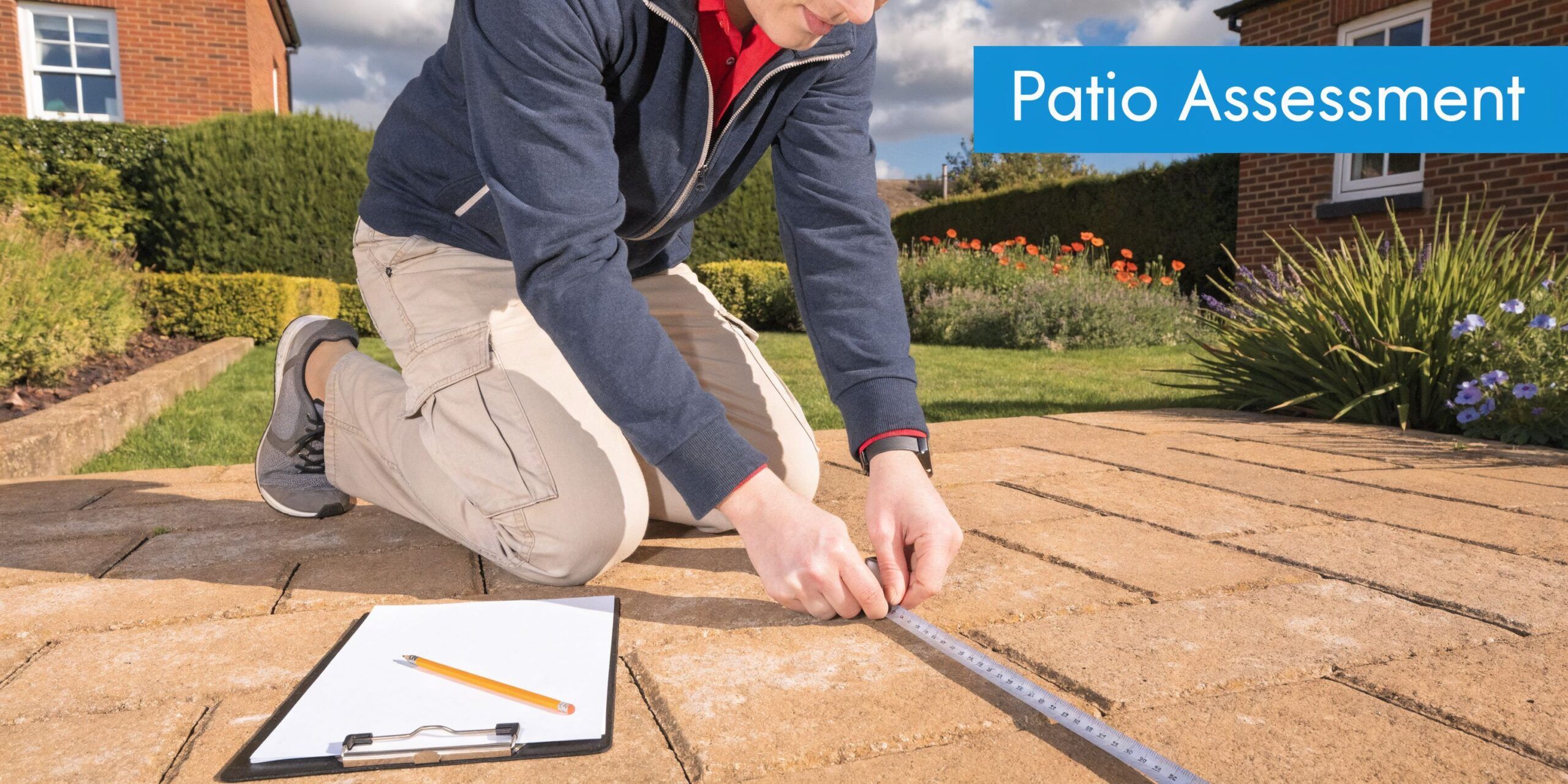A professional assessment specialist kneels on a stone patio while measuring with a metal ruler.
