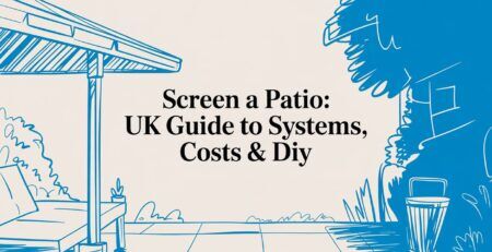 Illustrated title card: Screen a Patio - UK Guide to Systems, Costs and DIY