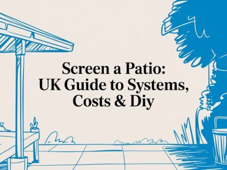 Illustrated title card: Screen a Patio - UK Guide to Systems, Costs and DIY