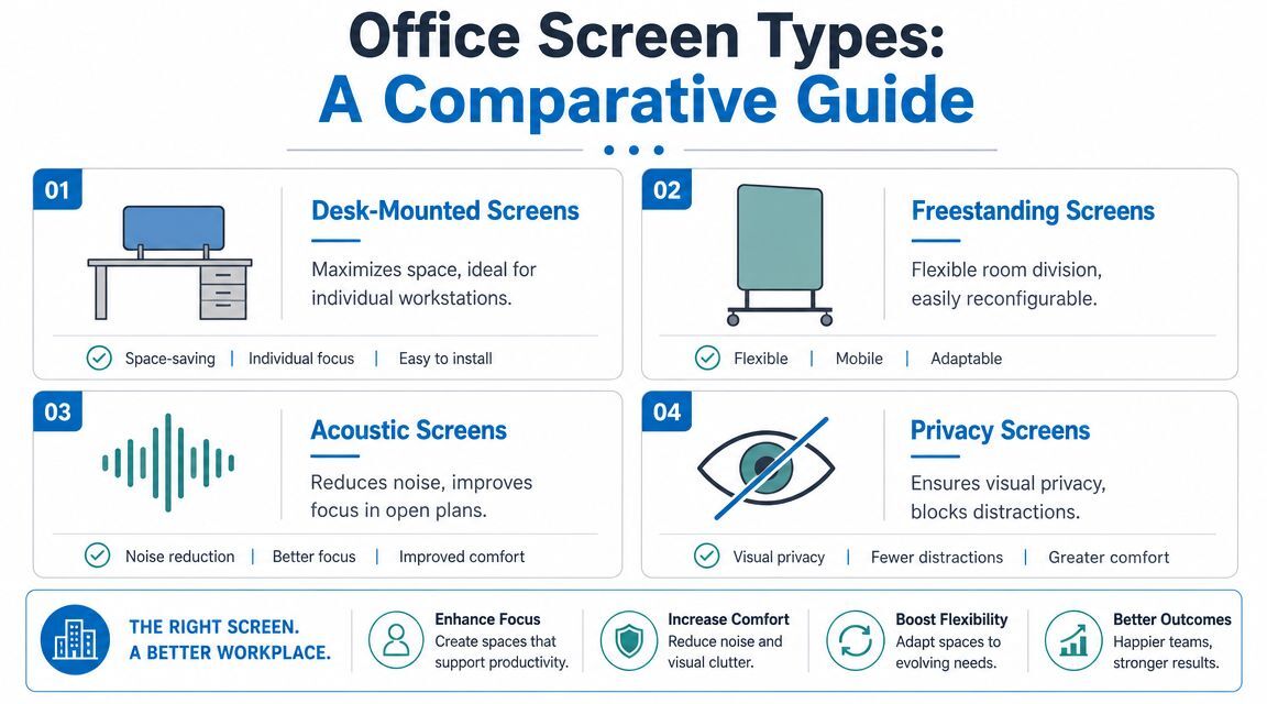 A comparative guide infographic detailing four main types of office screens for enhanced productivity and comfort.