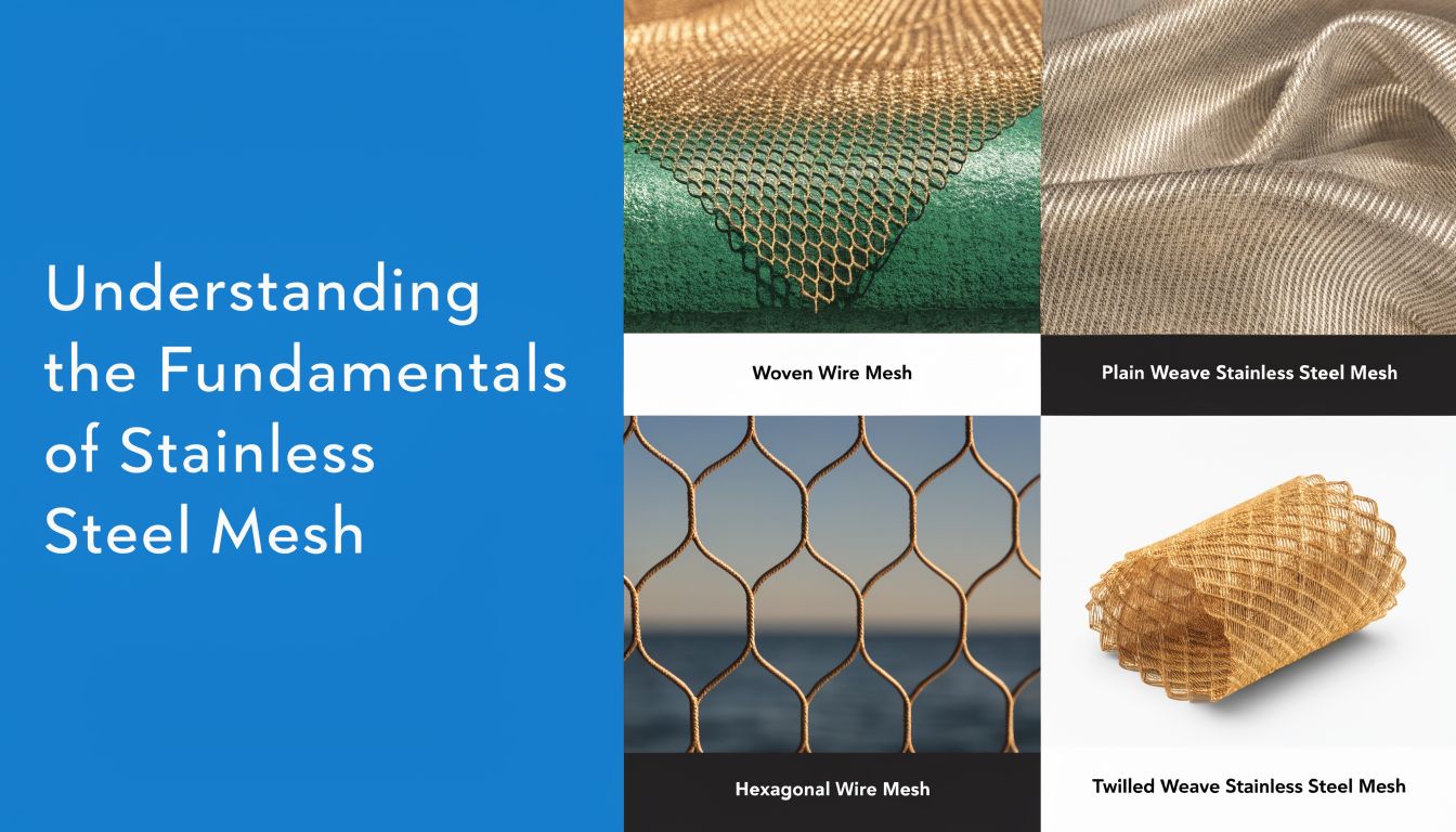 A collage showing different types of stainless steel mesh including woven, plain weave, hexagonal, and twilled designs.