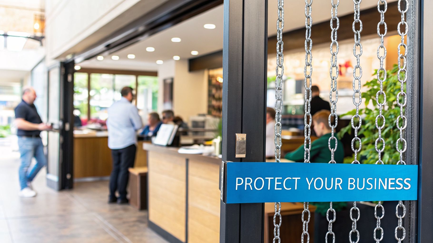 A blue 'PROTECT YOUR BUSINESS' sign on a chain screen at a commercial entrance.