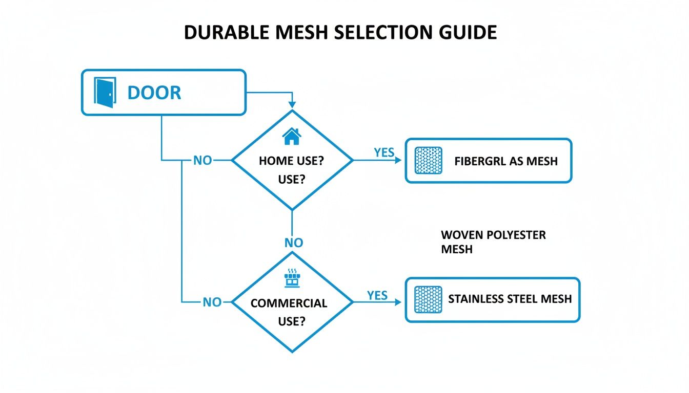 Flowchart showing durable mesh selection for doors, suggesting fiberglass, woven polyester, or stainless steel based on home or commercial use.