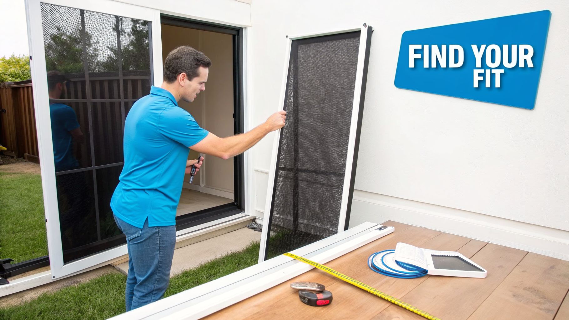 A man in a blue shirt installing a white and black screen door next to a house, with tools on a table.