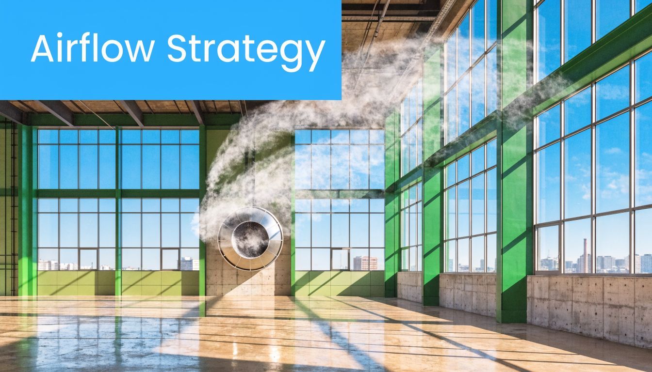 A powerful industrial fan blows mist through a modern, bright warehouse with large glass windows.