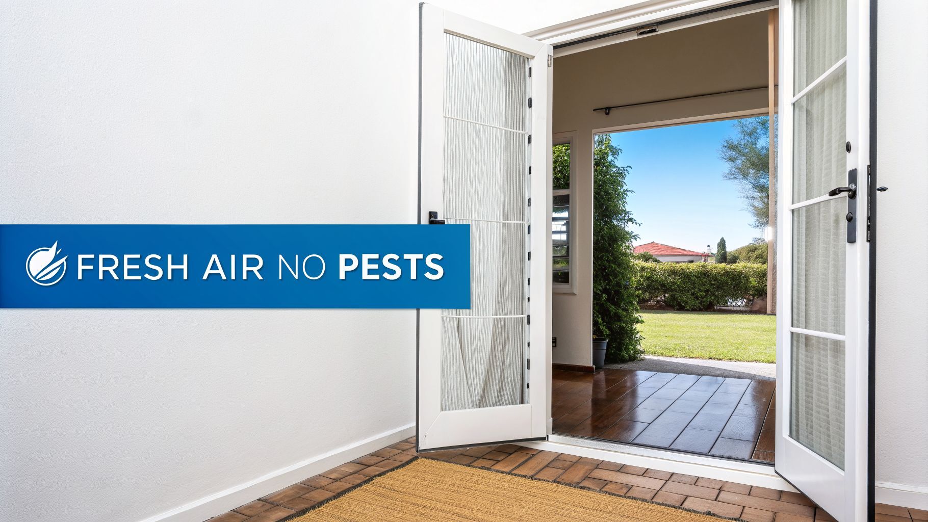 Open white French doors reveal a sunny backyard with green grass and blue sky. A banner reads 'FRESH AIR NO PESTS'.