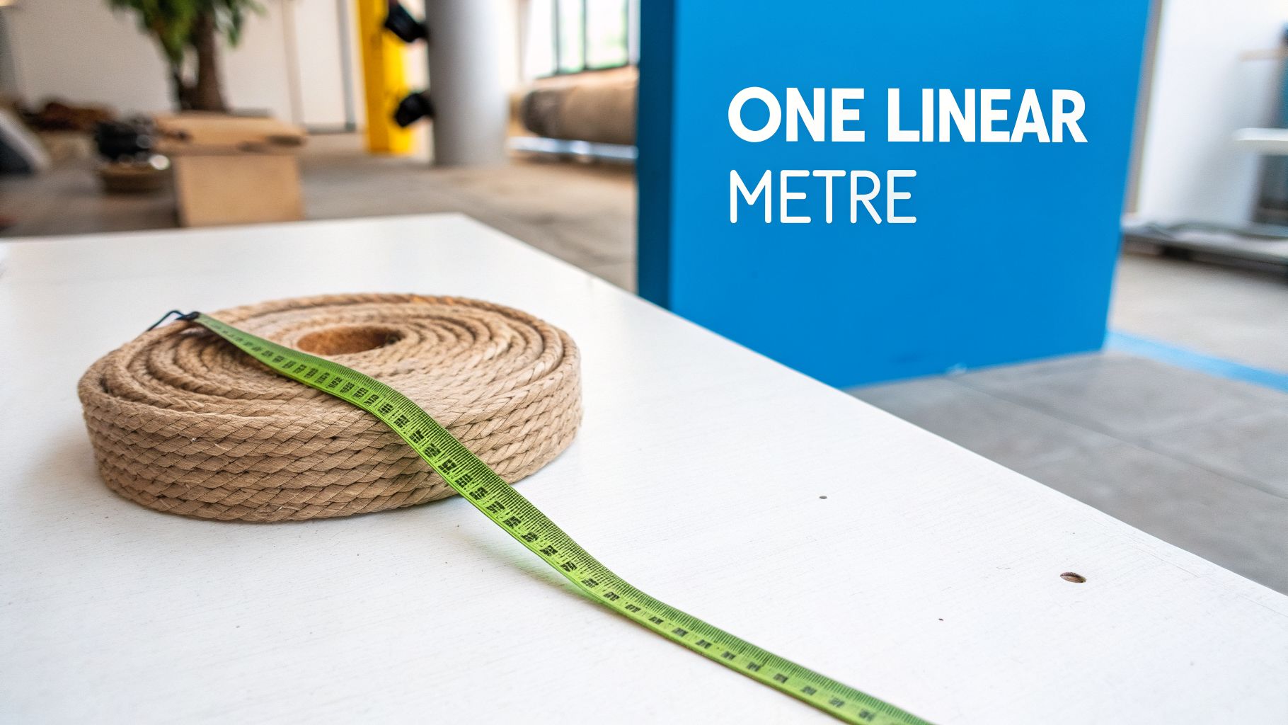 A roll of natural rope with a green measuring tape on a table, next to a 'ONE LINEAR METRE' sign.