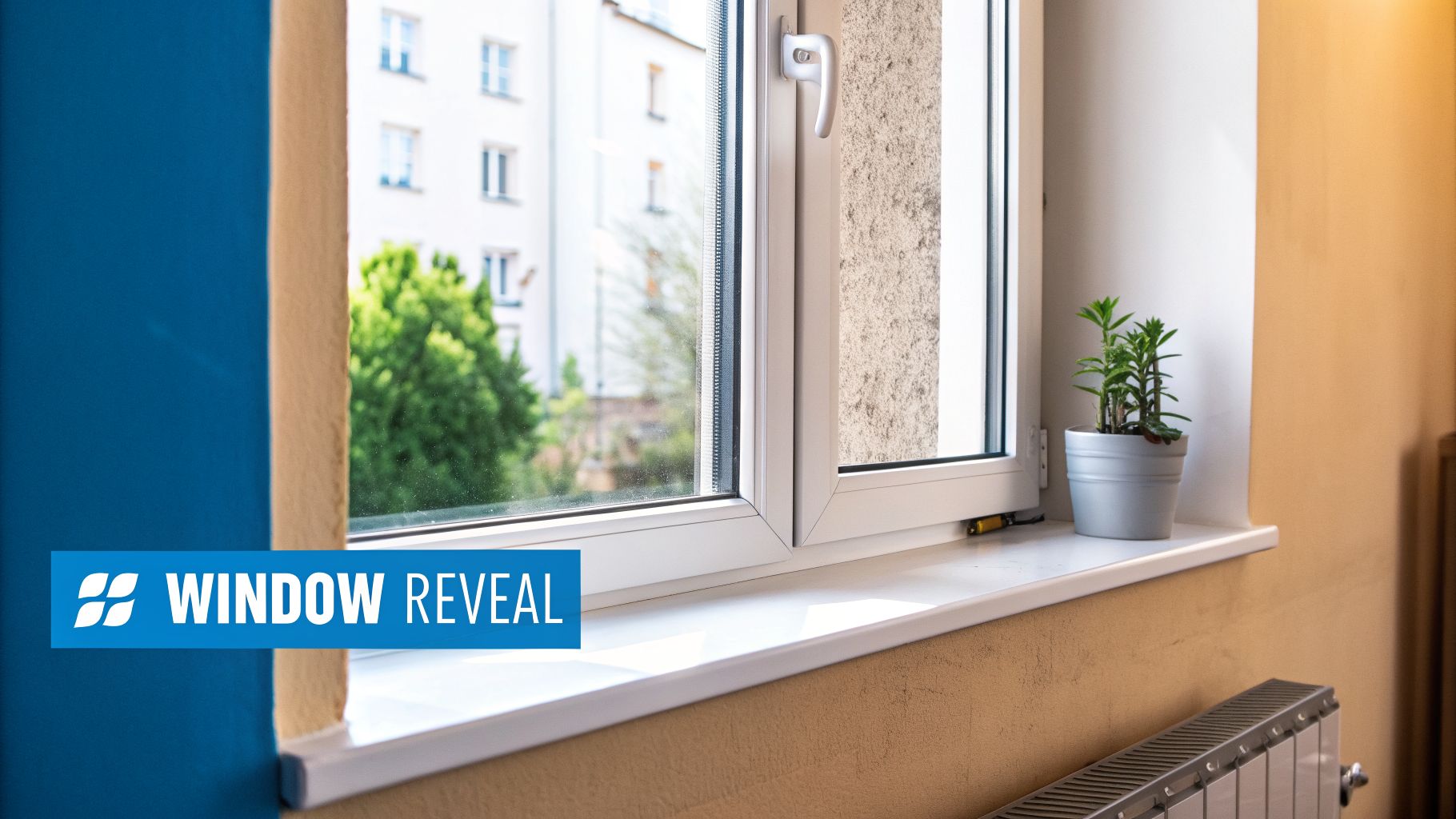 Modern white window and windowsill from interior, showcasing a clear window reveal and a small plant.