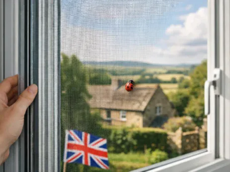 Hand opening a window insect screen with a Union Jack sticker, overlooking countryside