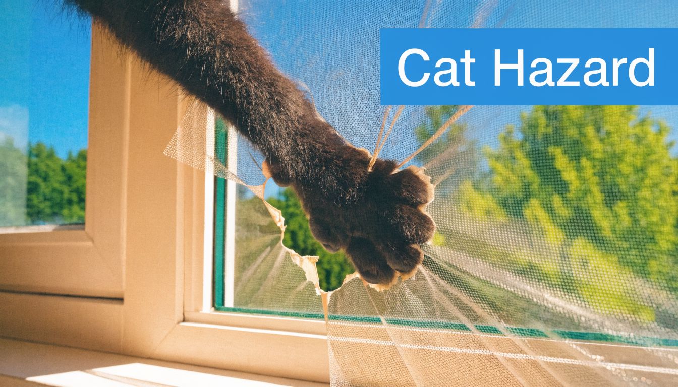 A close-up of a cat's paw tearing through a damaged window screen during a sunny day.