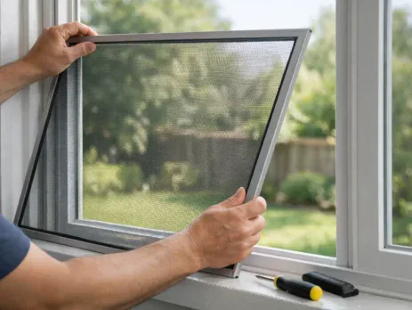 Man fitting a fly screen panel into a white window frame