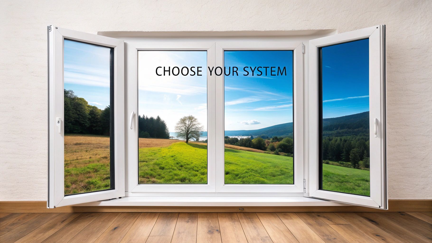 White open window revealing a vibrant natural landscape with green fields, trees, and a blue sky, displaying 'CHOOSE YOUR SYSTEM'.