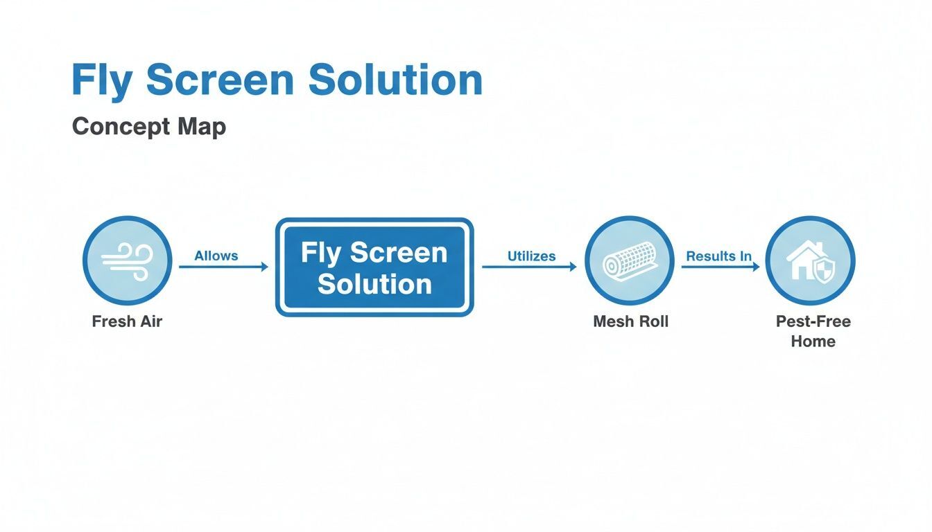 A concept map illustrating the Fly Screen Solution process, from fresh air entry to a pest-free home using a mesh roll.