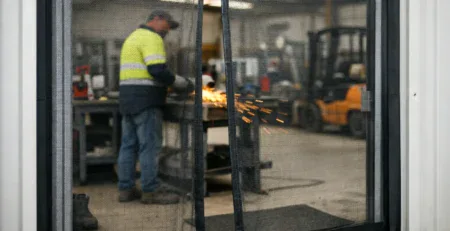 Heavy duty fly screen across a busy workshop doorway