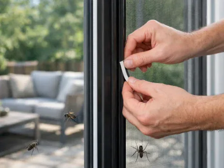 Hands fitting a patio door fly screen with insects outside