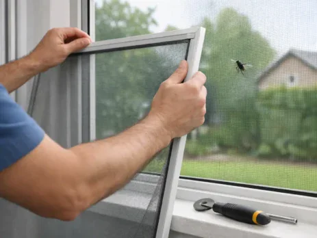 Man lifting a window insect screen into place