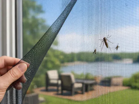 Hand holding fine midge mesh up to a window with midges outside