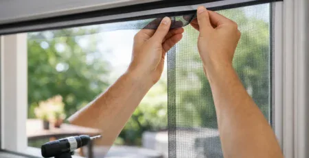 Hands clipping a no-drill fly screen into a window frame