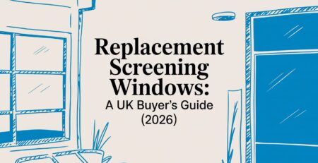 Illustrated title card: Replacement Screening Windows - A UK Buyer's Guide (2026)