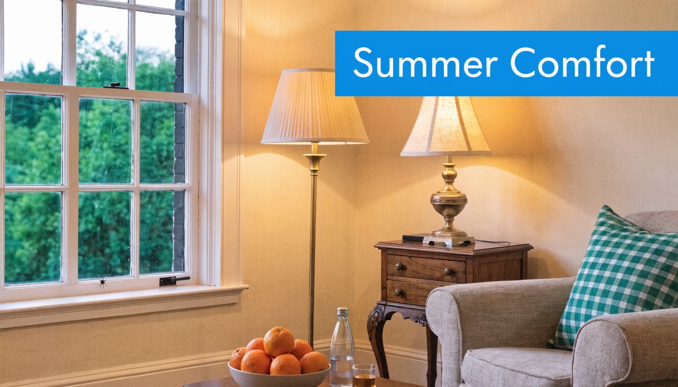A cozy reading nook by a window featuring a lamp, chair, and a bowl of oranges.