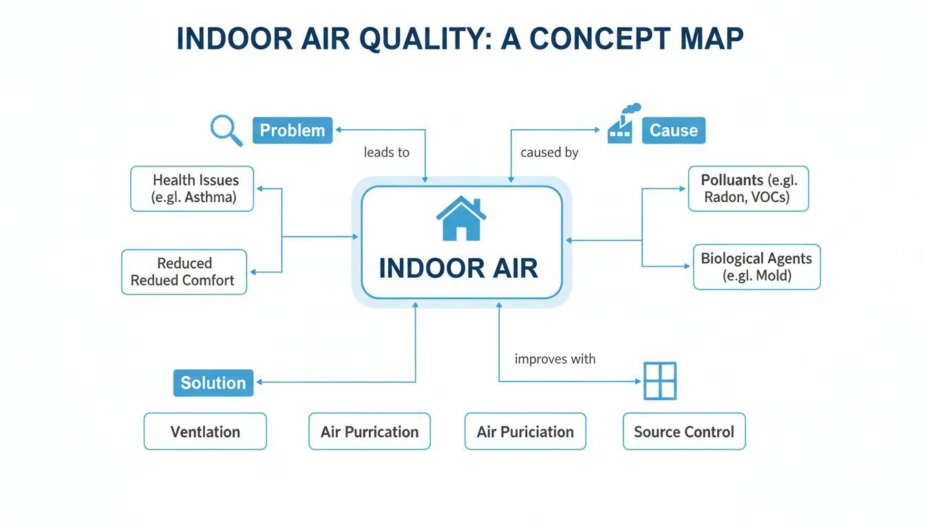 A concept map showing indoor air quality problems like health issues and reduced comfort, their causes, and solutions.