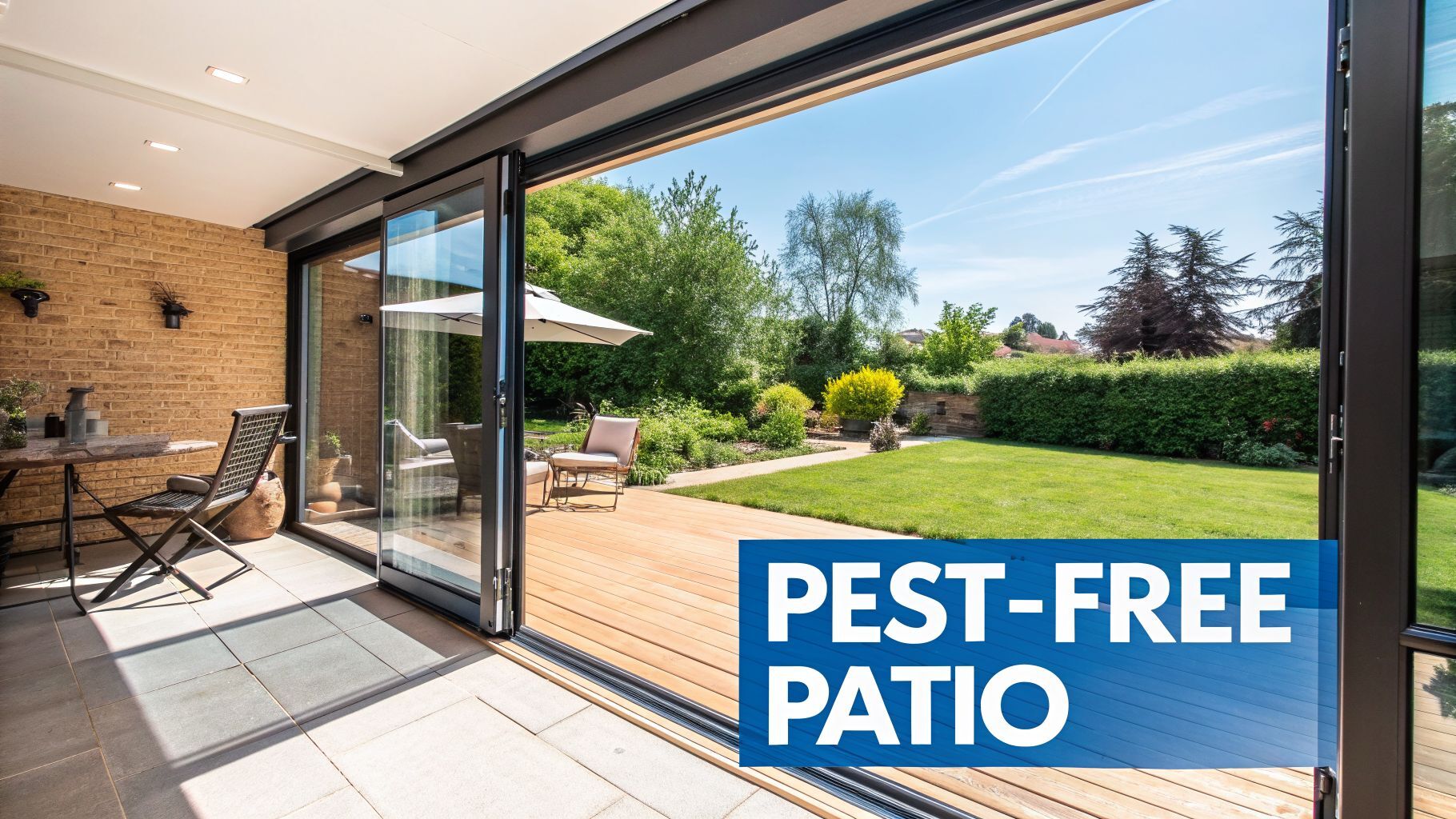 An open patio with large bi-fold doors leading to a lush green backyard, wooden deck, and outdoor furniture under a blue sky.