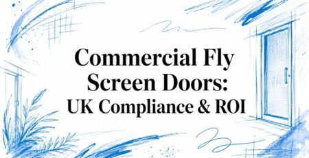 Illustrated title card: Commercial Fly Screen Doors - UK Compliance and ROI