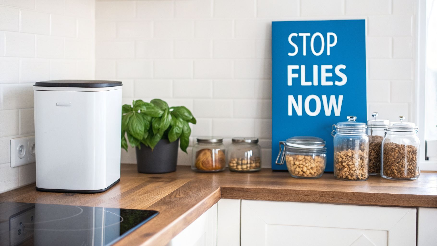 A clean kitchen counter featuring a white smart trash can, basil, jars, and a 'STOP FLIES NOW' sign.