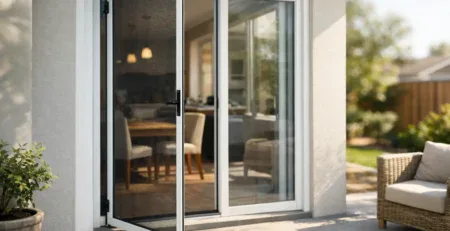 Open French doors with a hinged fly screen door leading to a garden pool