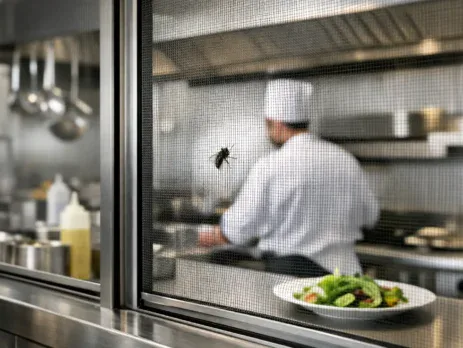 Chef working in a commercial kitchen behind a fly screen