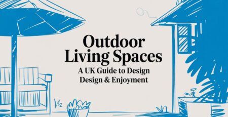 Illustrated title card: Outdoor Living Spaces - A UK Guide to Design and Enjoyment