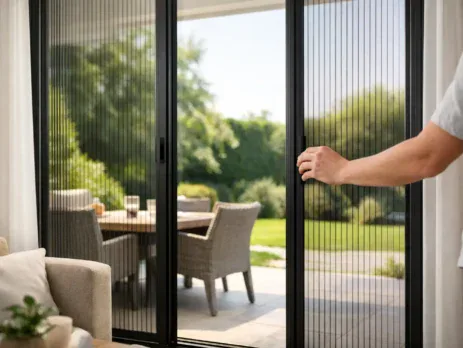 Hand opening a plisse fly screen door to a garden