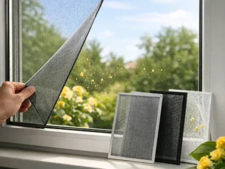 Hand lifting a pollen screen at a window with mesh samples on the sill