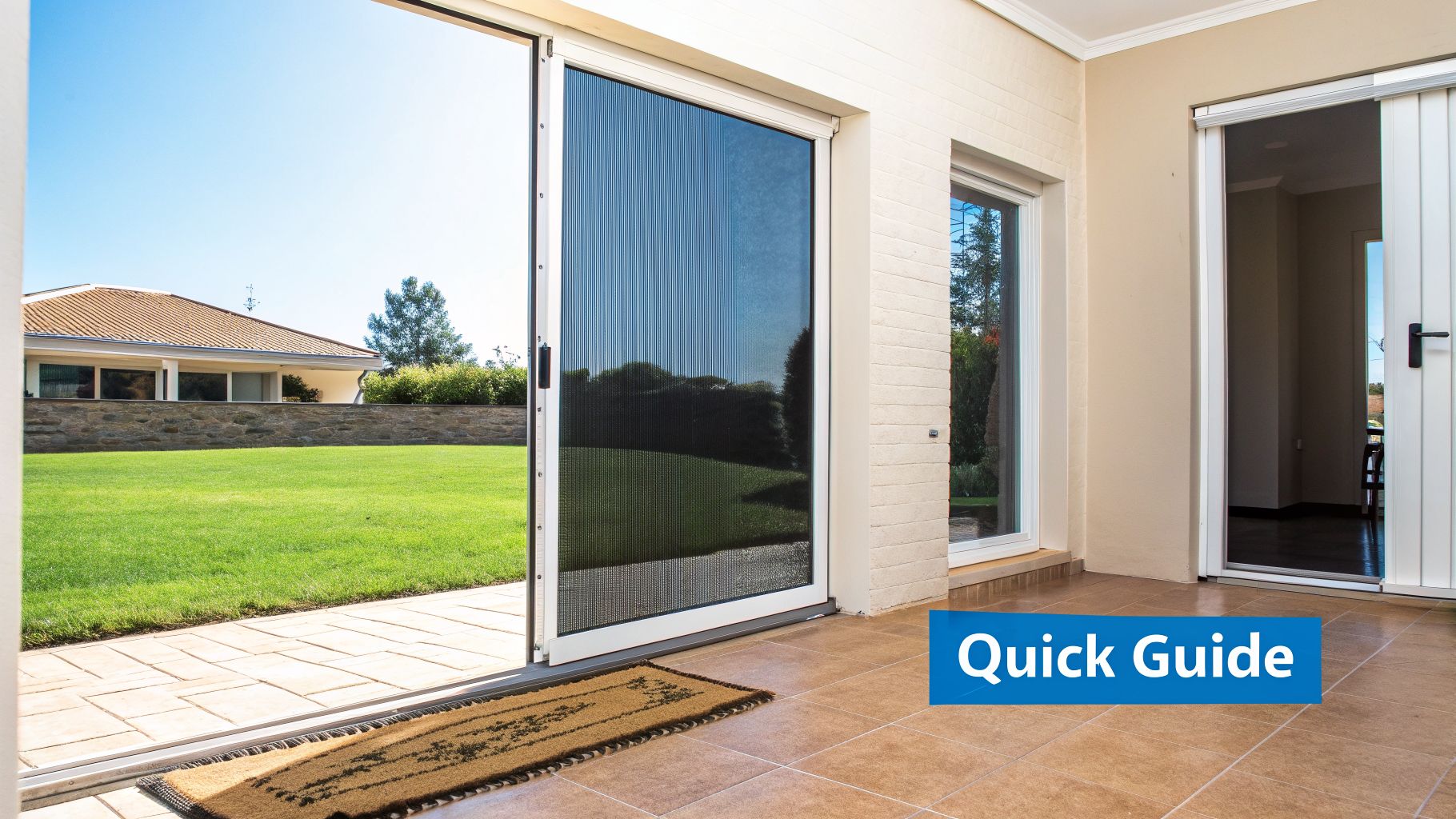 A tiled patio with a sliding mesh screen door open to a green lawn and a house.