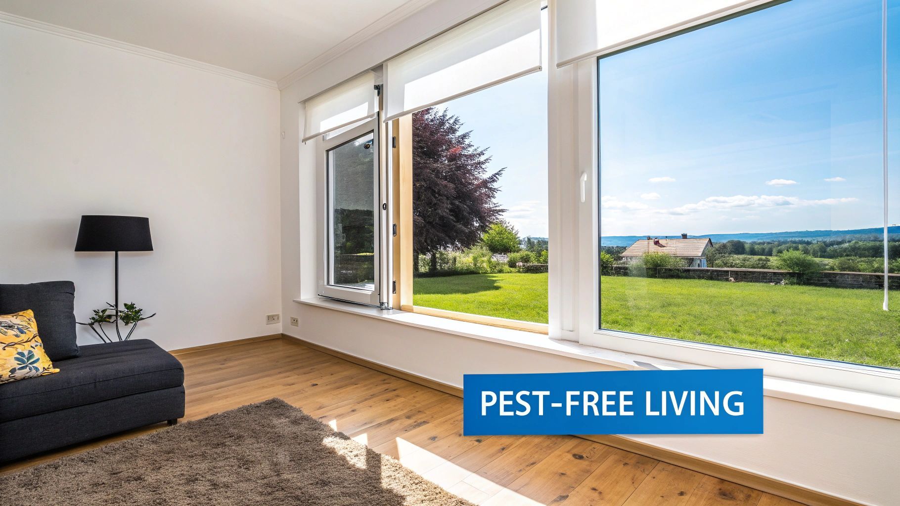 A bright modern living room featuring large windows with a scenic view of a lush green landscape.