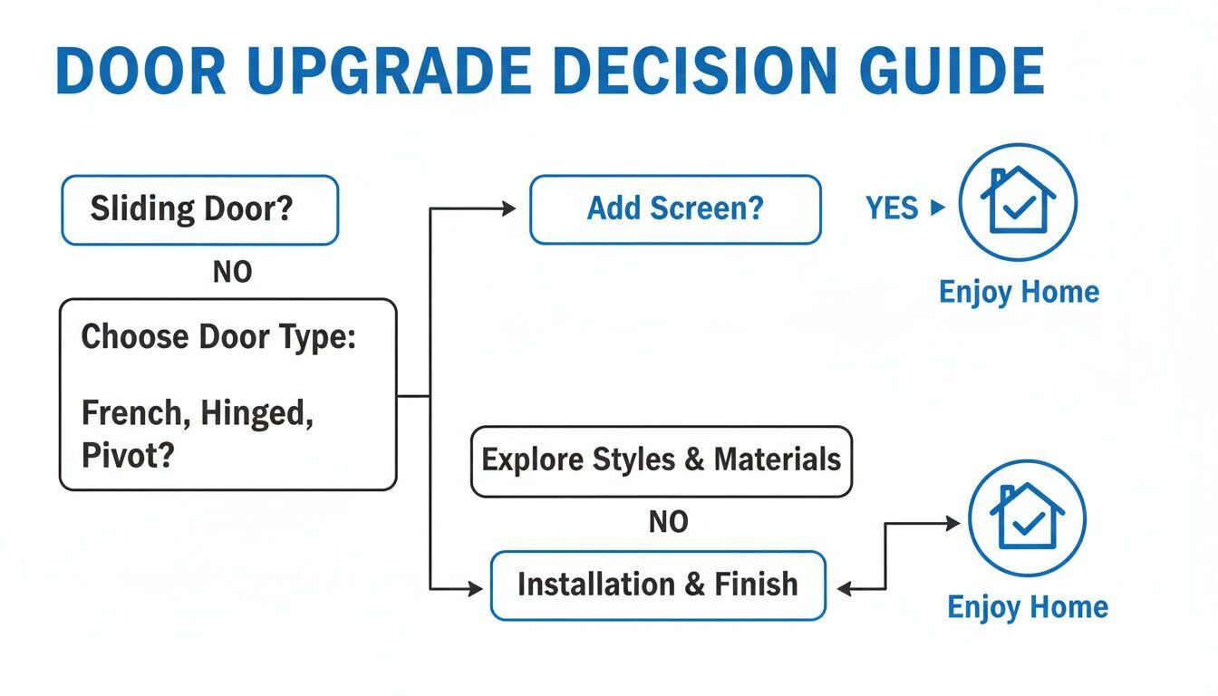 Flowchart illustrating a door upgrade decision guide, covering sliding, French, hinged, pivot door types and screen options.