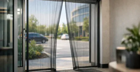 Mesh doorway screen in a commercial building entrance