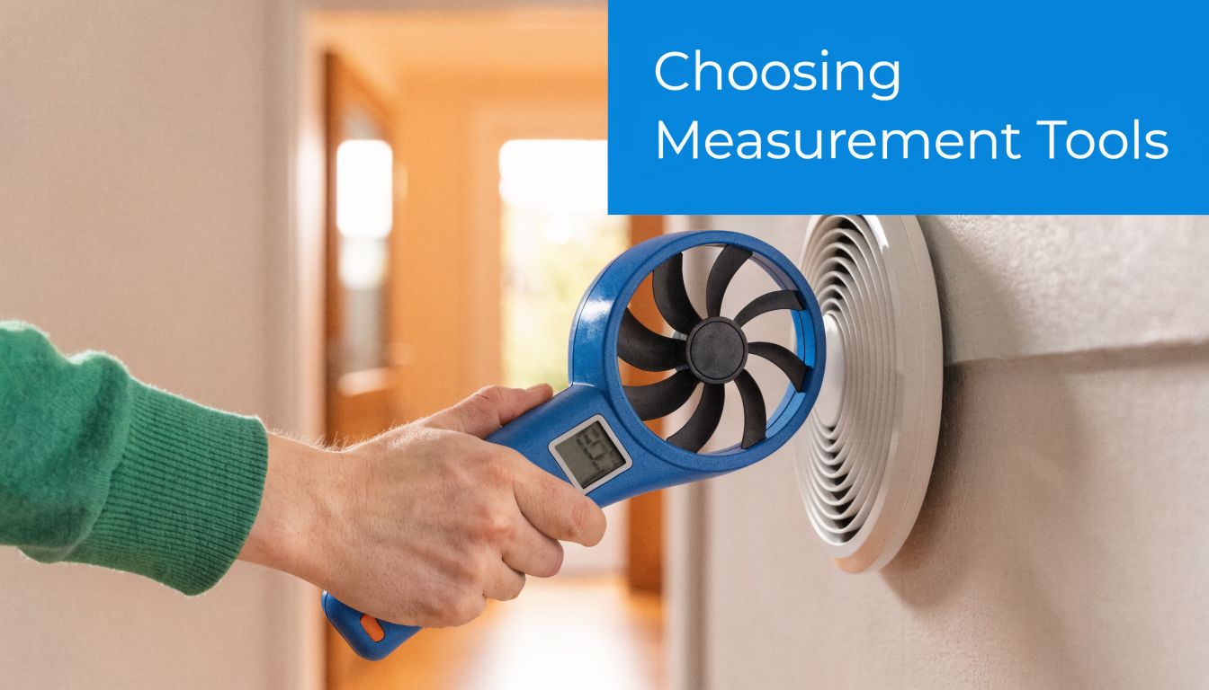 A hand holds a portable digital anemometer to measure airflow coming from a wall ventilation vent.