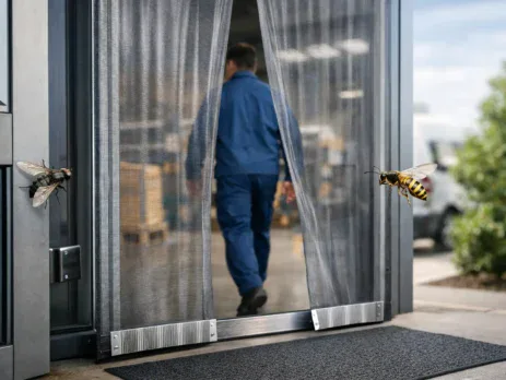 Worker walking through a clear strip curtain door with flies outside